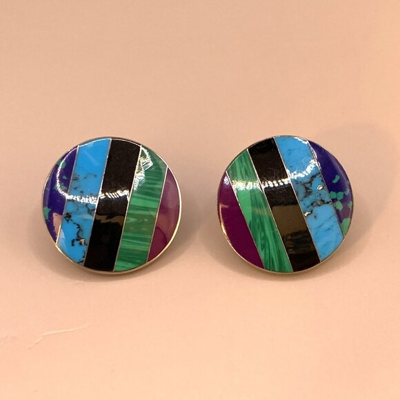 CII MEXICO Stone Inlay 925 Sterling Silver Vtg Mexican Pierced Earrings J610 - Picture 2 of 8